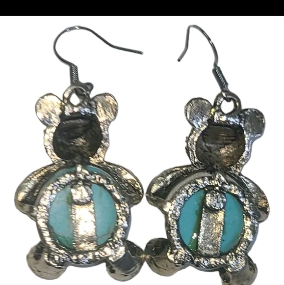 Turquoise & Silver Tone Teddy Bear Dangle Earrings - Picture 5 of 5